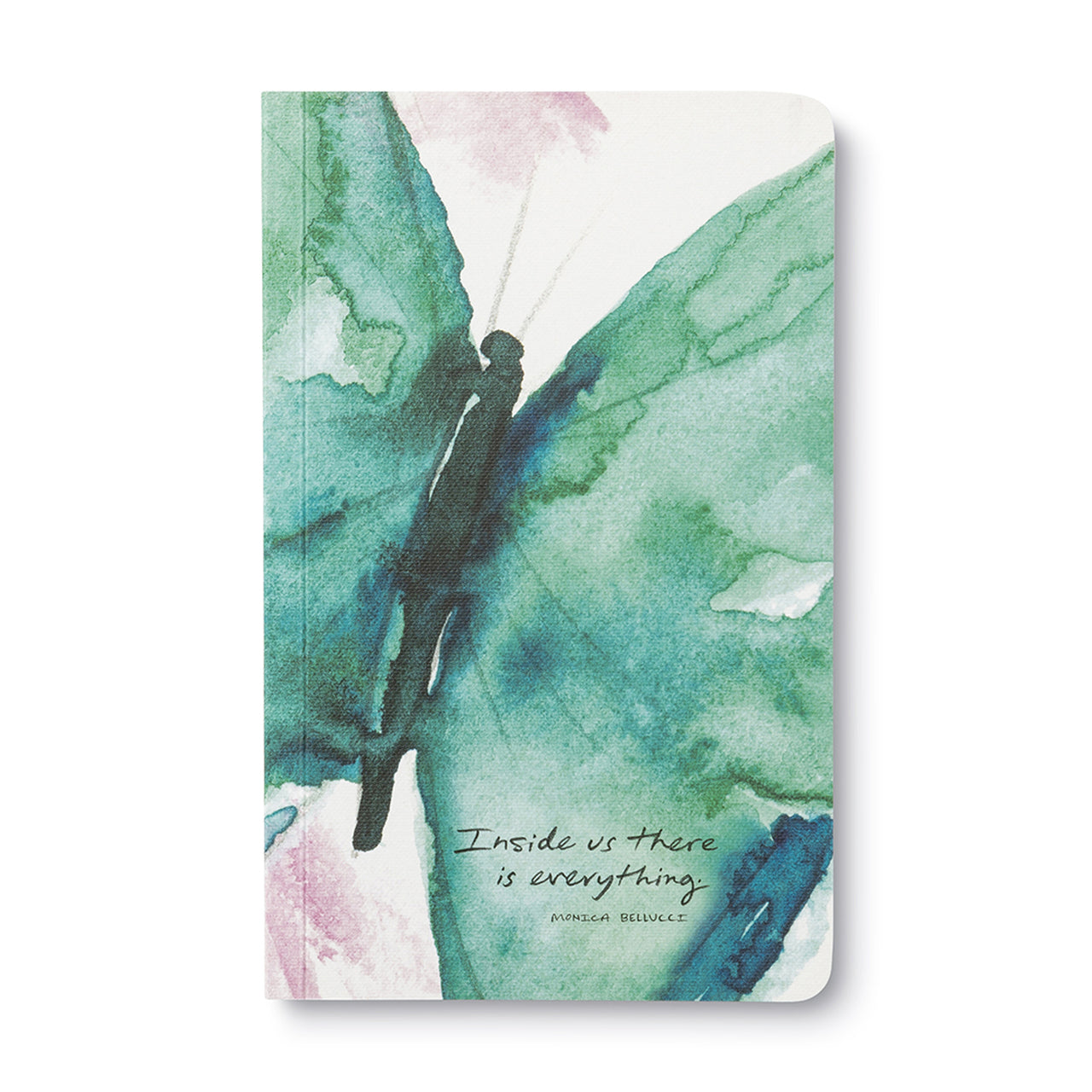 Journal cover with a teal and green watercolour butterfly and the words inside us there is everything