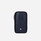 Navy leather phone pouch, front view