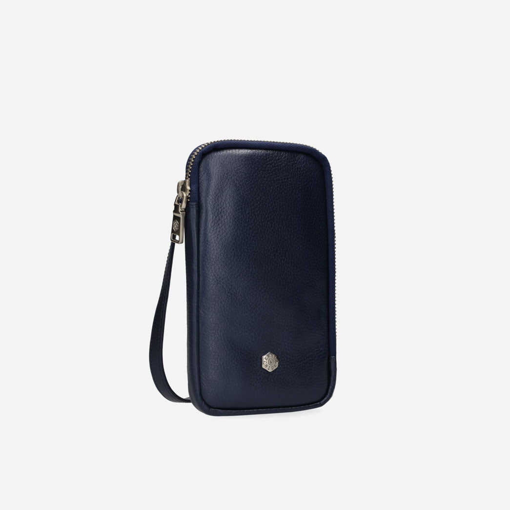 Navy leather phone pouch with wrist strap, front view
