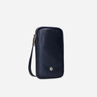 Navy leather phone pouch with wrist strap, front view
