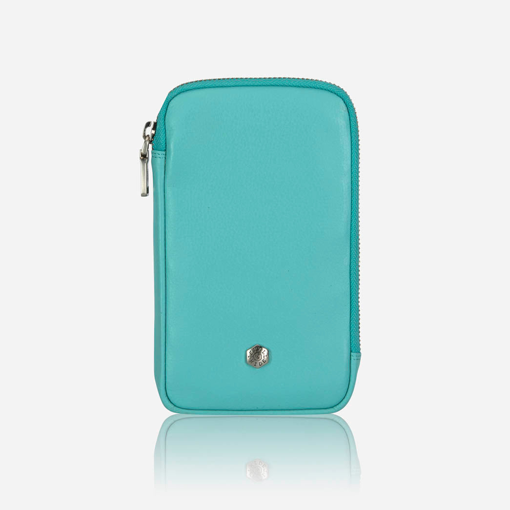 Turquoise leather phone pouch, front view with stud closure