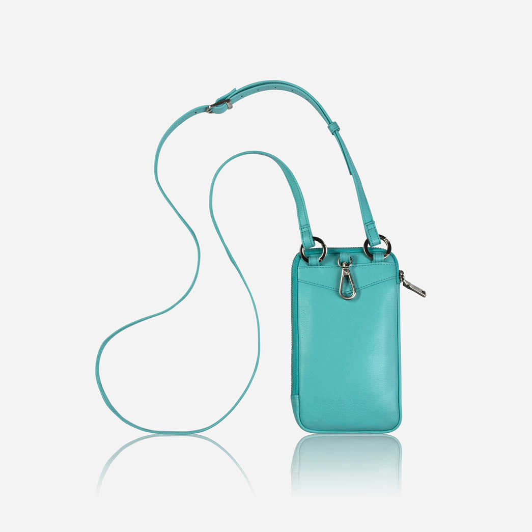 Turquoise leather phone pouch hanging from its crossbody strap