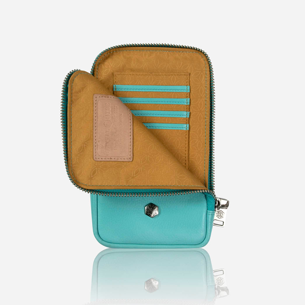 Turquoise phone pouch with flap open showing golden lining