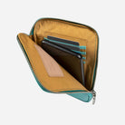 Turquoise pouch fully open showing card slots and tablet pocket
