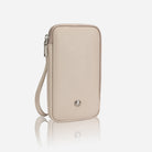 Driftwood leather phone pouch with wrist strap, front view