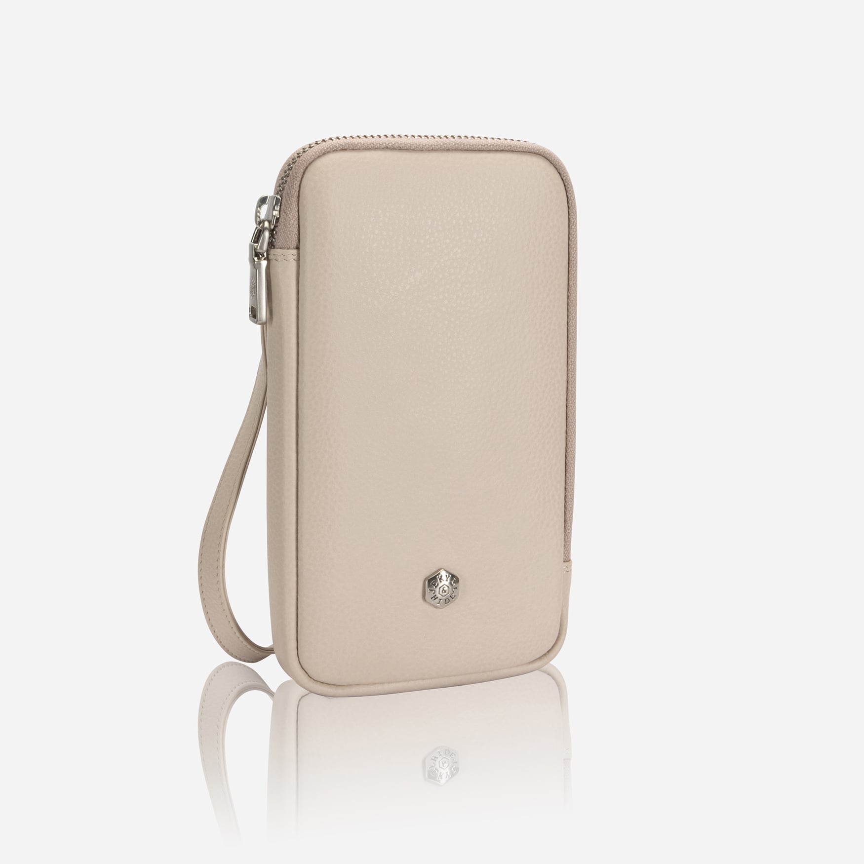 Driftwood leather phone pouch with wrist strap, front view
