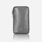 Metallic silver leather phone pouch, front view