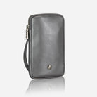 Metallic silver leather phone pouch with wrist strap, front view
