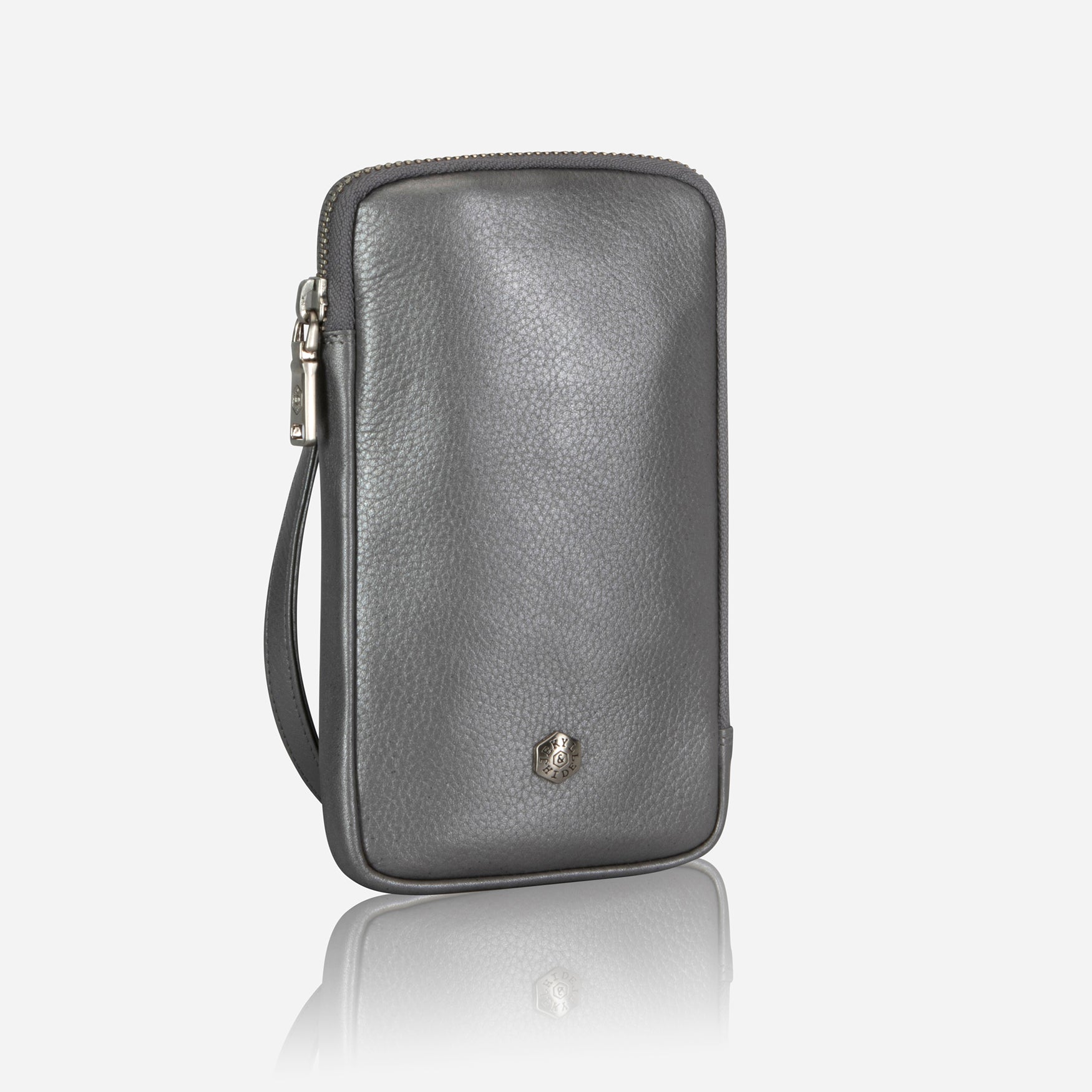 Metallic silver leather phone pouch with wrist strap, front view