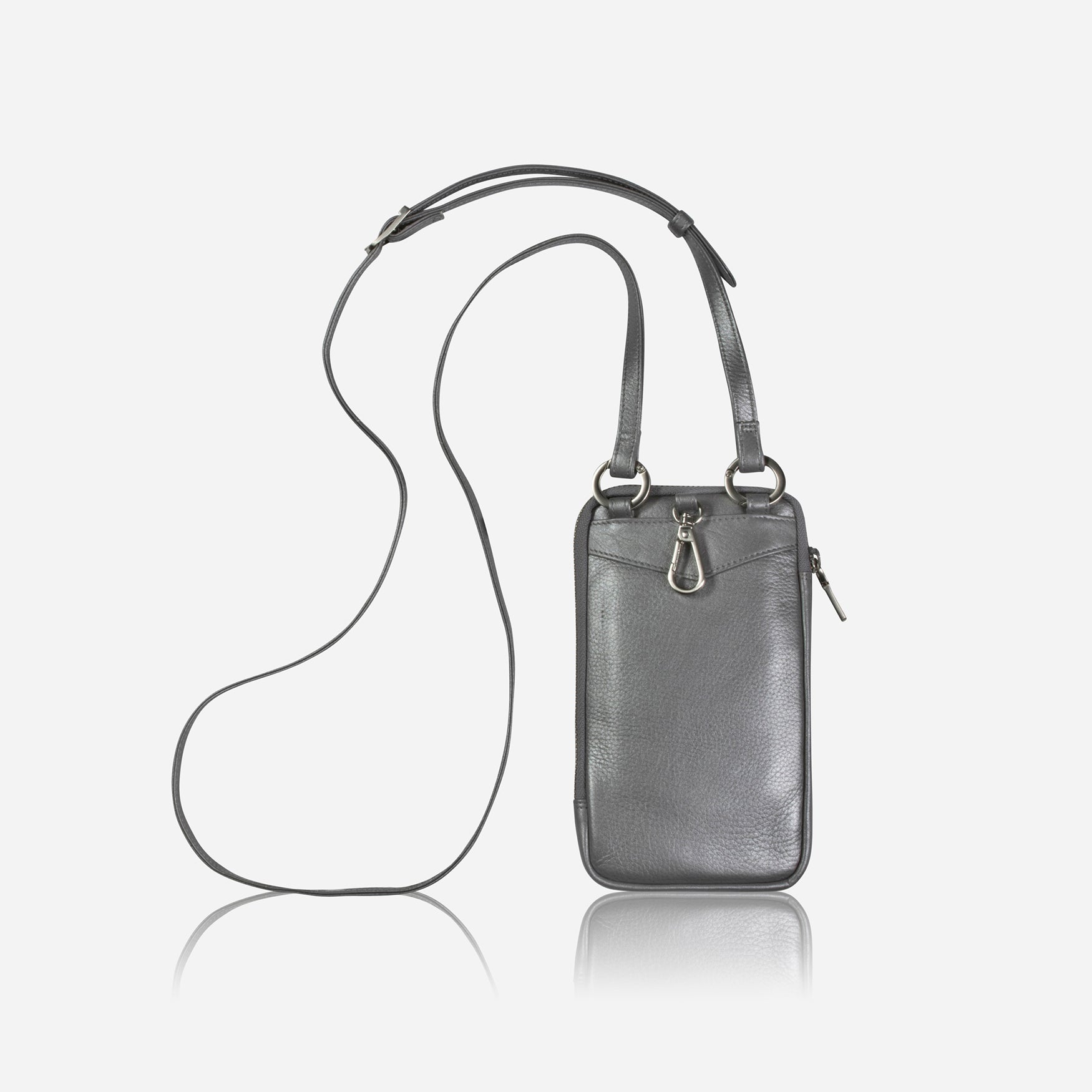 Metallic silver phone pouch hanging from its crossbody strap