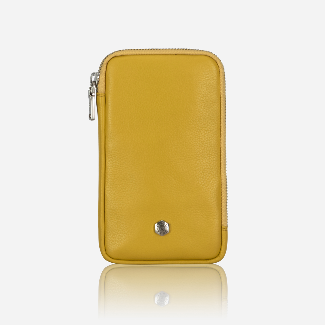 Yellow leather phone pouch, front view with stud detail