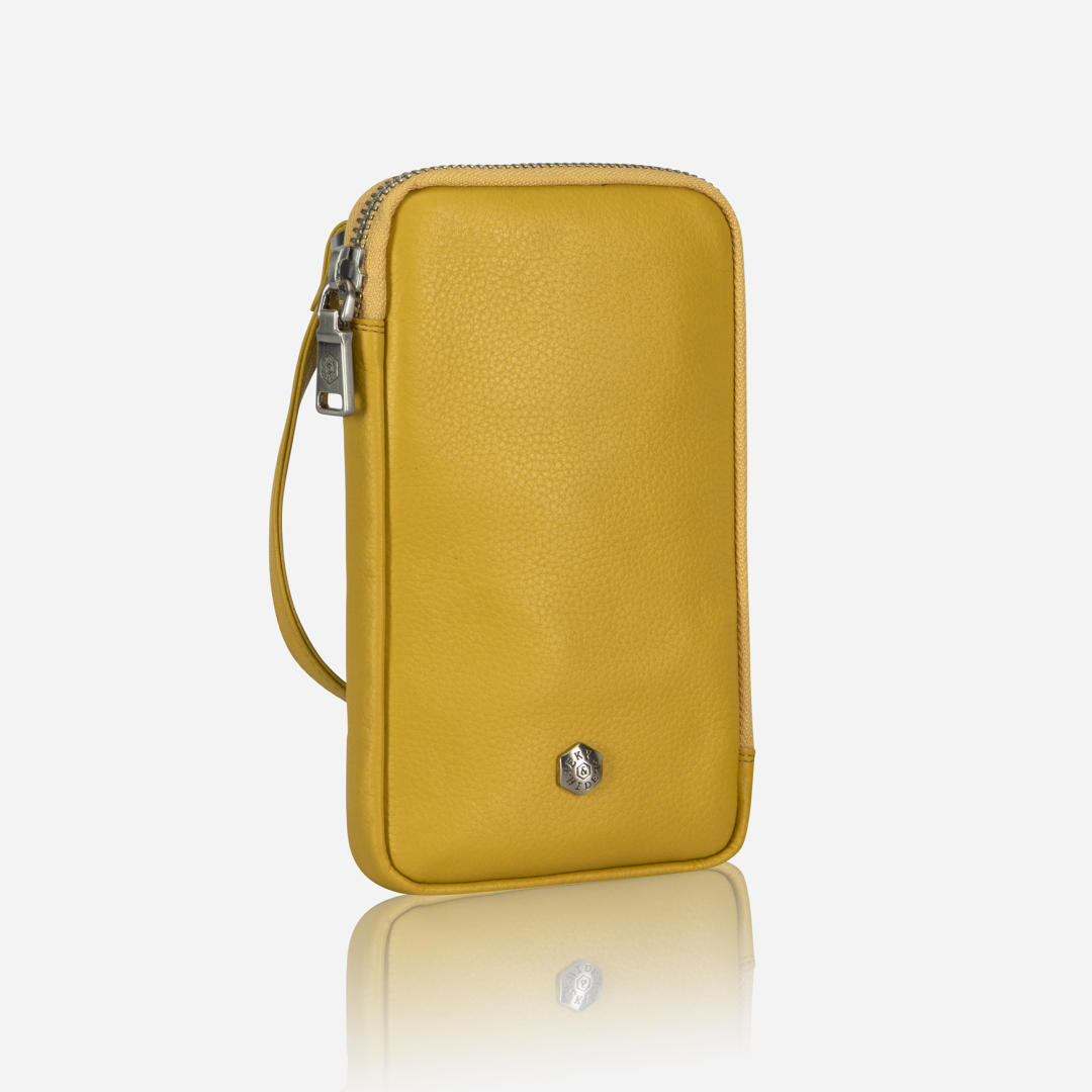 Yellow leather phone pouch with wrist strap, front view