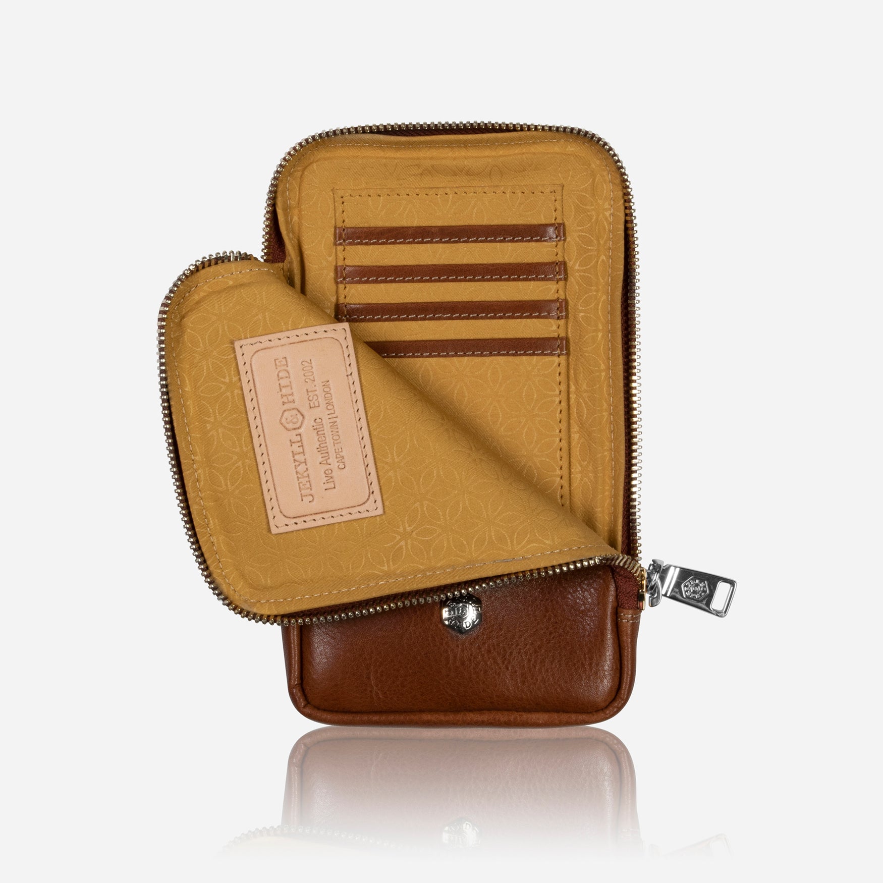 Tan phone pouch with flap open showing card slots and golden lining
