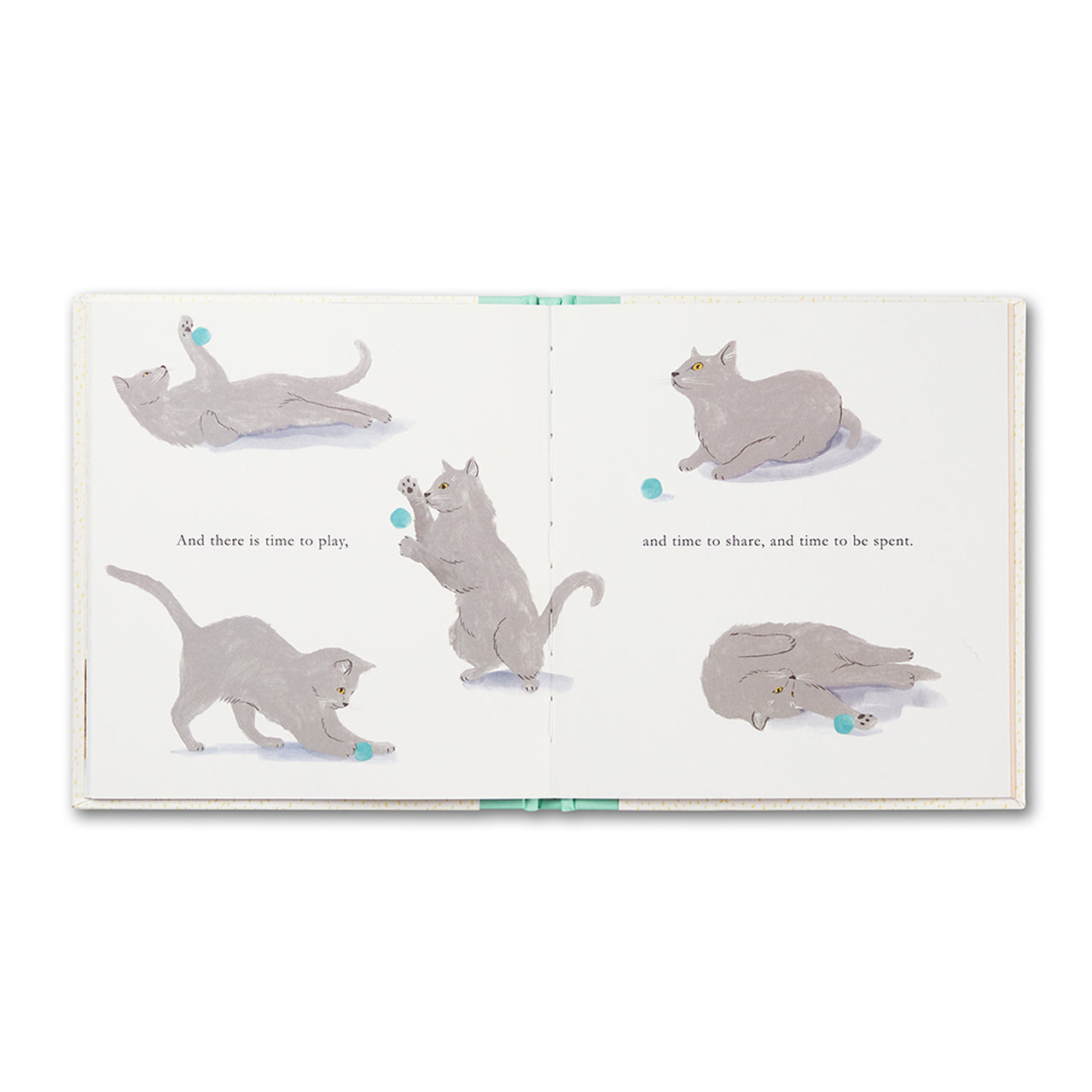 Open spread of grey cats playing with a ball of wool: time to play, time to chase, time to be again