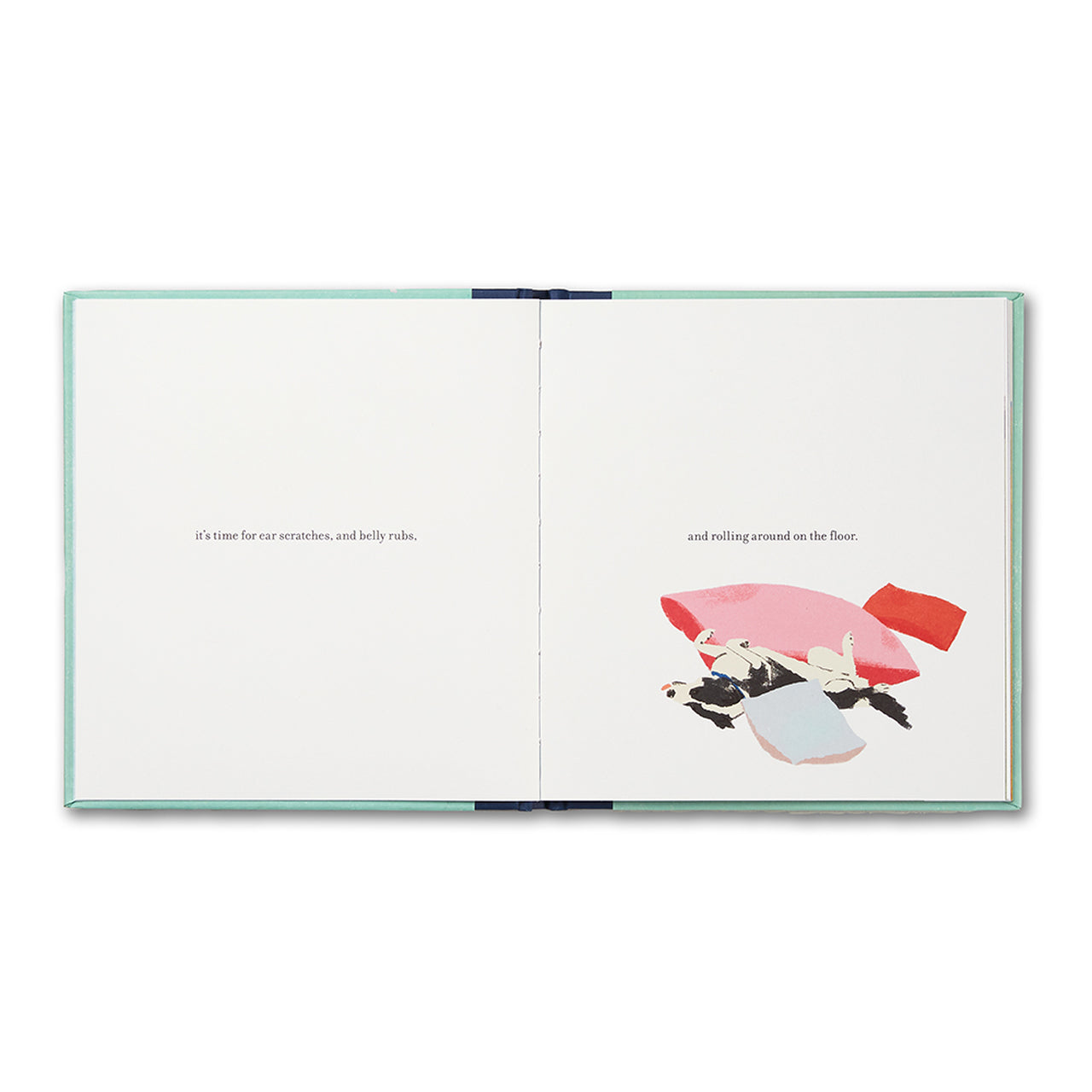 Open spread with text beside a small illustration of a dog curled on a pink blanket