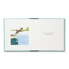 Open spread of a dog leaping into water beside a short line of text