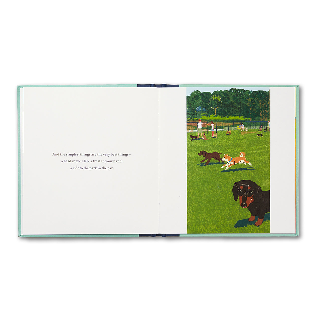 Open spread with text beside an illustration of dogs playing on green grass