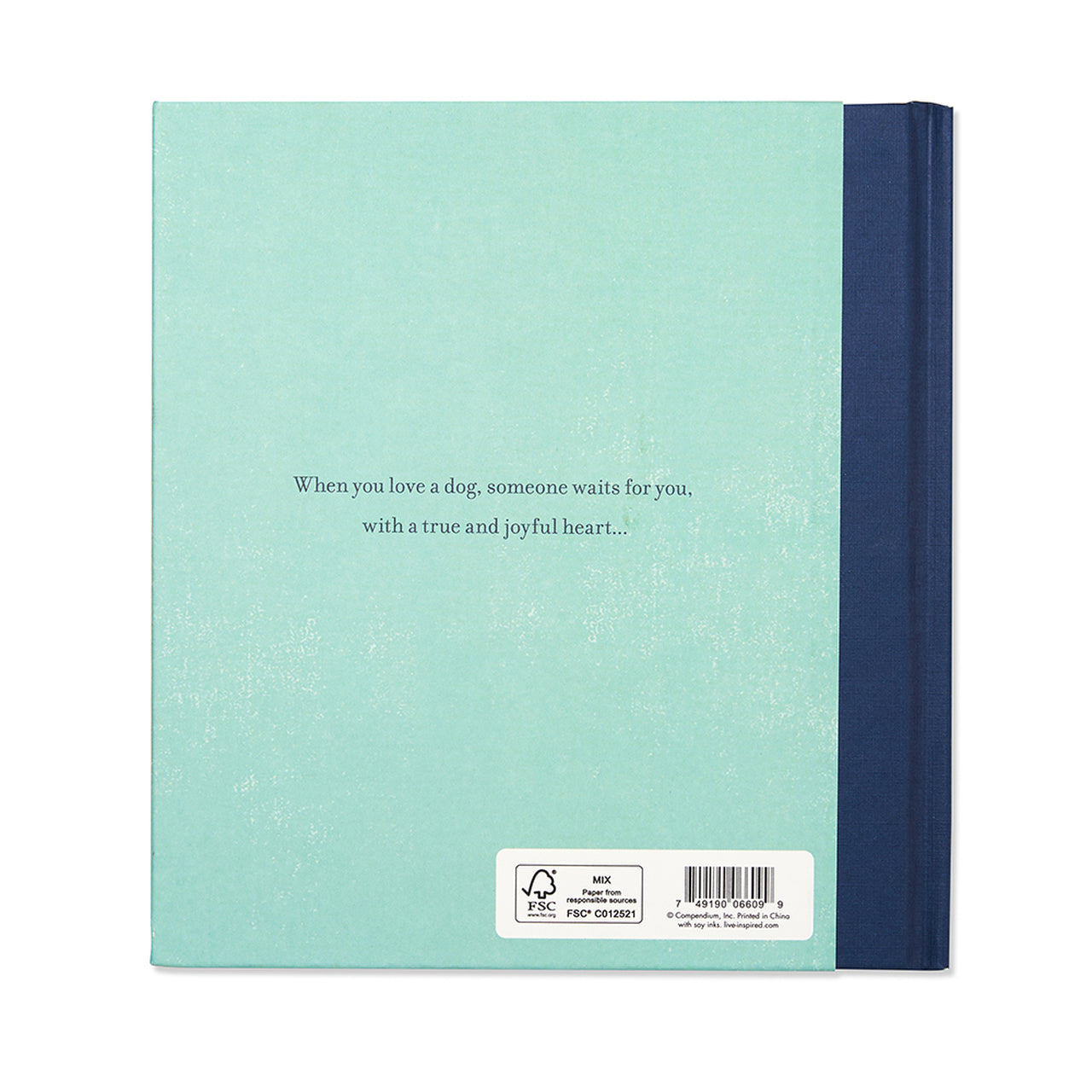 Mint back cover with a closing line about a dog's true and joyful heart, and the barcode panel