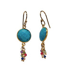 Euro Gold hook earrings with a round turquoise gem and tiny multicoloured gemstone tassels