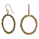 Gold hoop earrings wire-wrapped with pale sage-green peridot beads