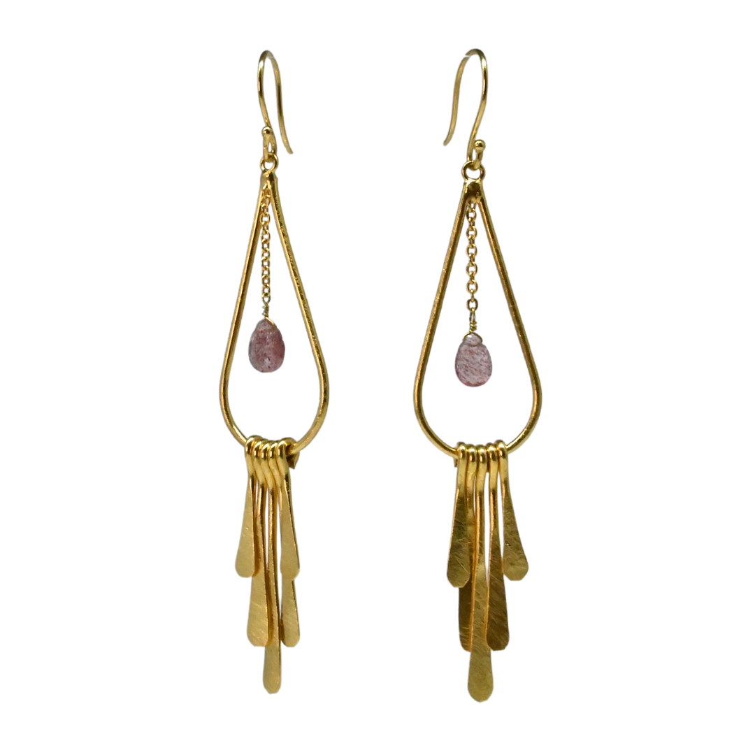 Euro Gold fringe earrings with dusty pink gem drops inside teardrop hoops