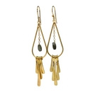 Euro Gold fringe earrings with moss-green gem drops, front view