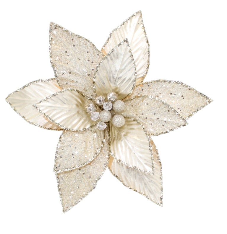 Champagne velvet clip-on poinsettia with glitter-edged petals and a beaded silver centre