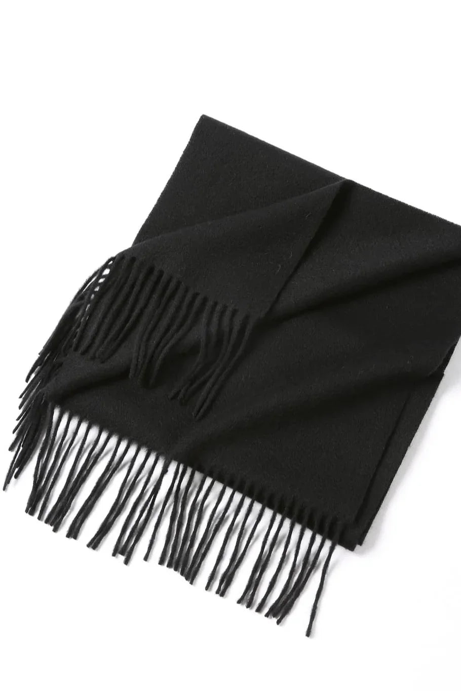 Ebony black scarf folded flat with long fringe
