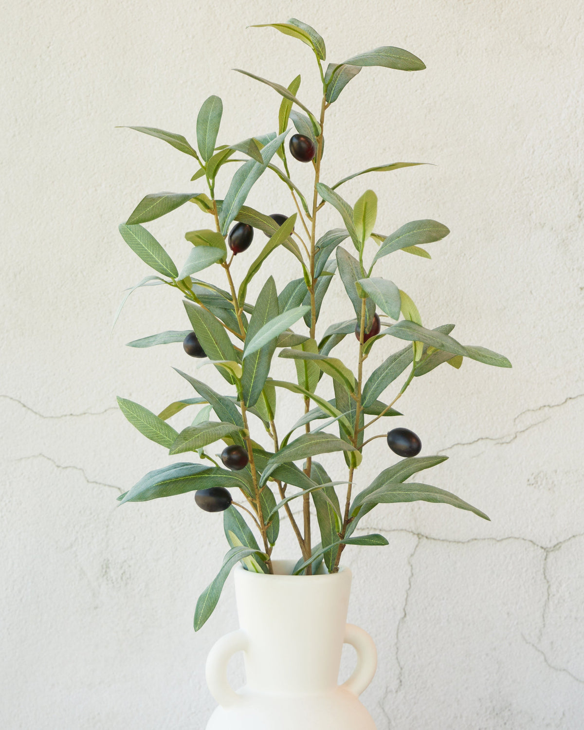 Artificial olive sprays arranged in a cream handled vase against a plaster wall