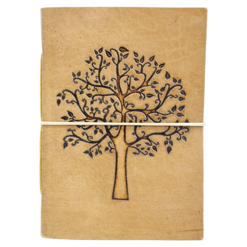 Back-angle view of the tan Tree of Life leather journal showing its soft handcrafted cover
