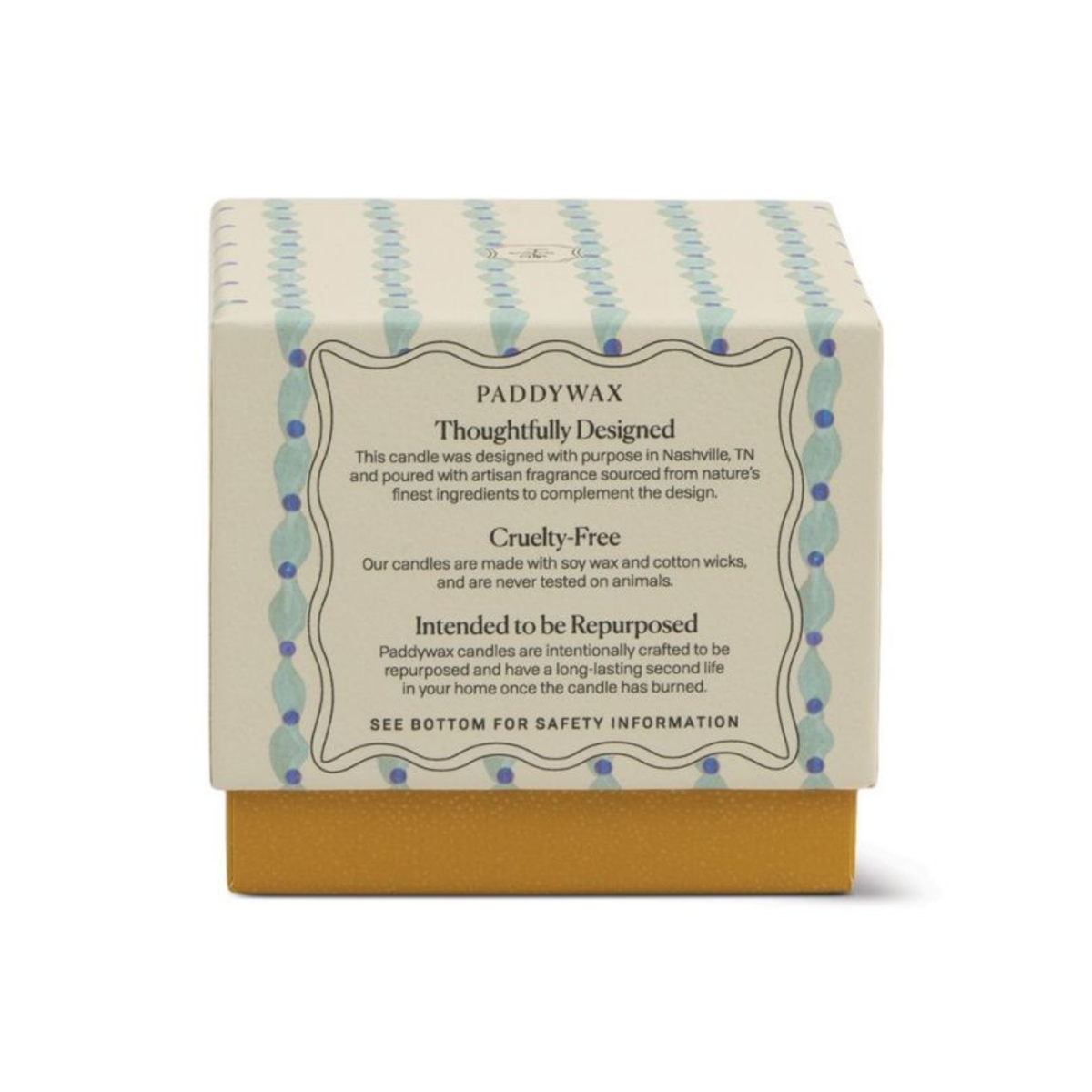 Reverse of the gift box showing Paddywax's soy wax, cotton wick and cruelty-free product information.