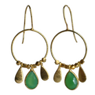 Fine gold hoop earrings with a faceted mint-green onyx teardrop between two gold petals