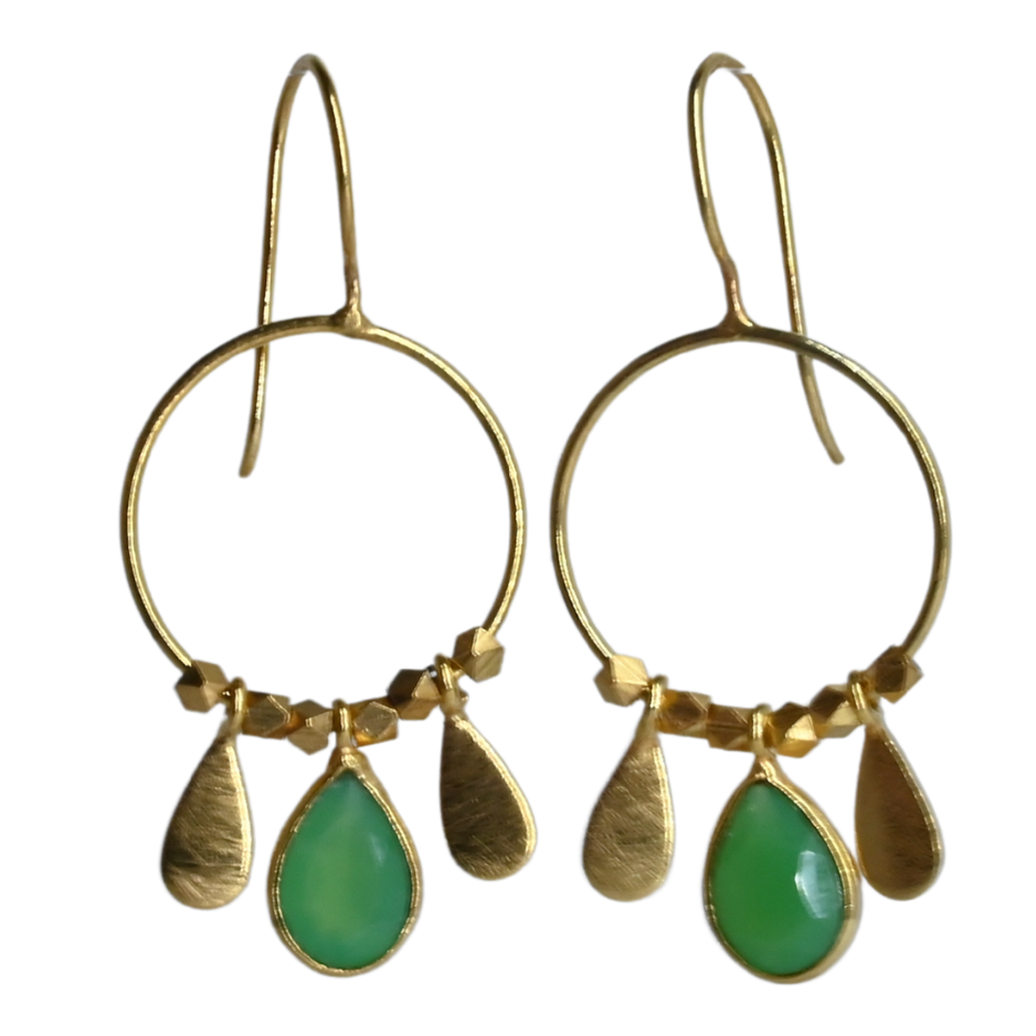 Fine gold hoop earrings with a faceted mint-green onyx teardrop between two gold petals