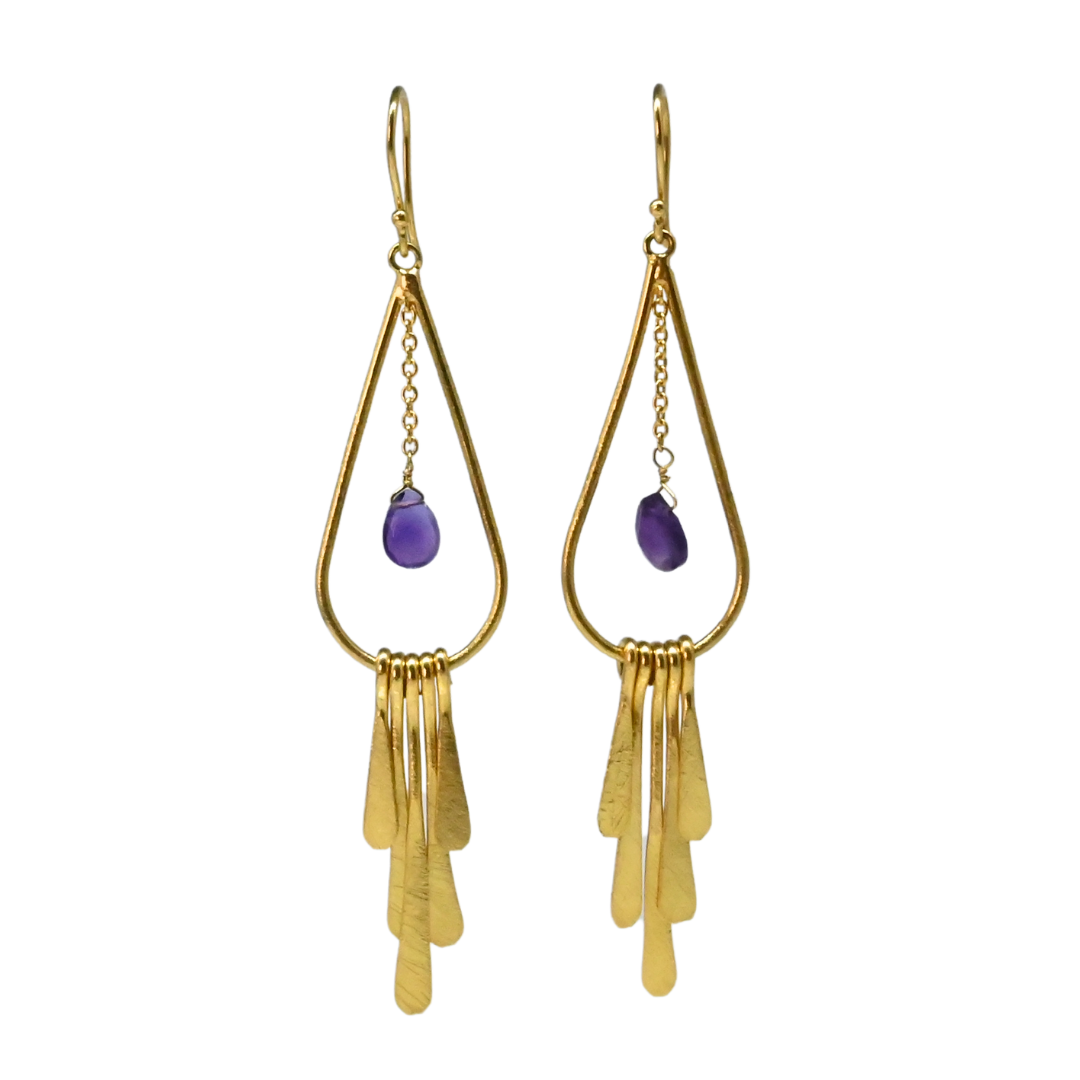 Euro Gold fringe earrings with violet gem drops on fine chains