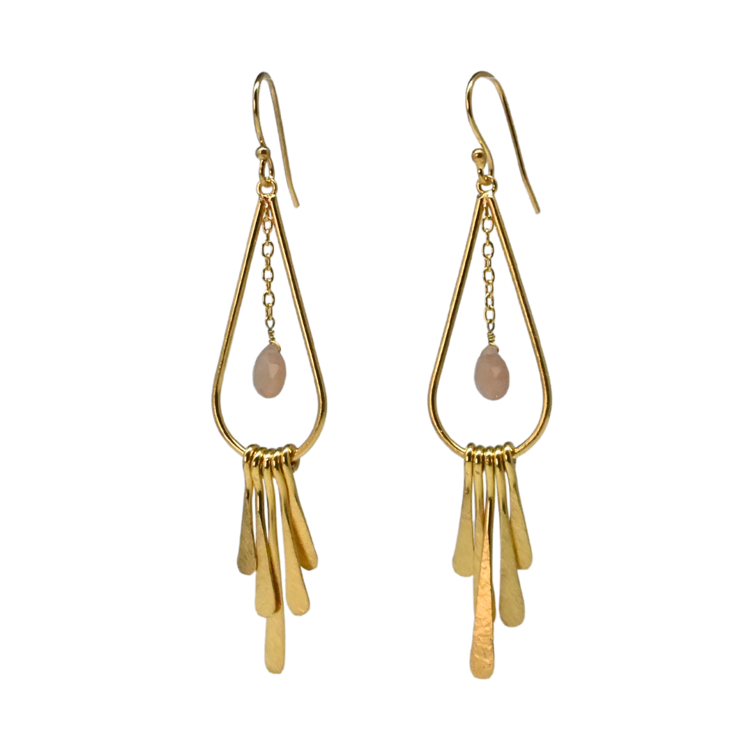Euro Gold fringe earrings with soft peach gem drops, front view