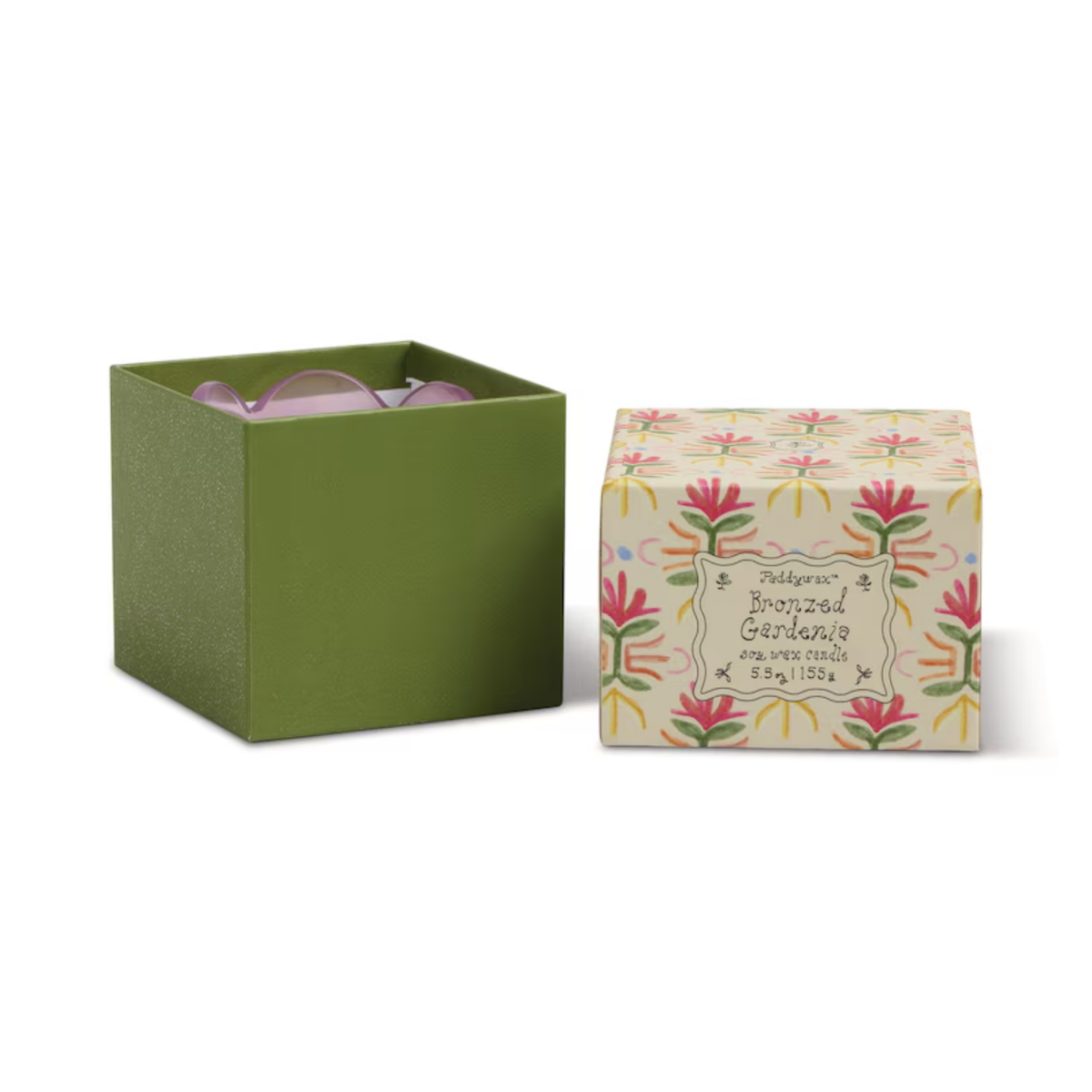 Open green gift box with the pink tulip candle inside, its flowered lid set beside it.