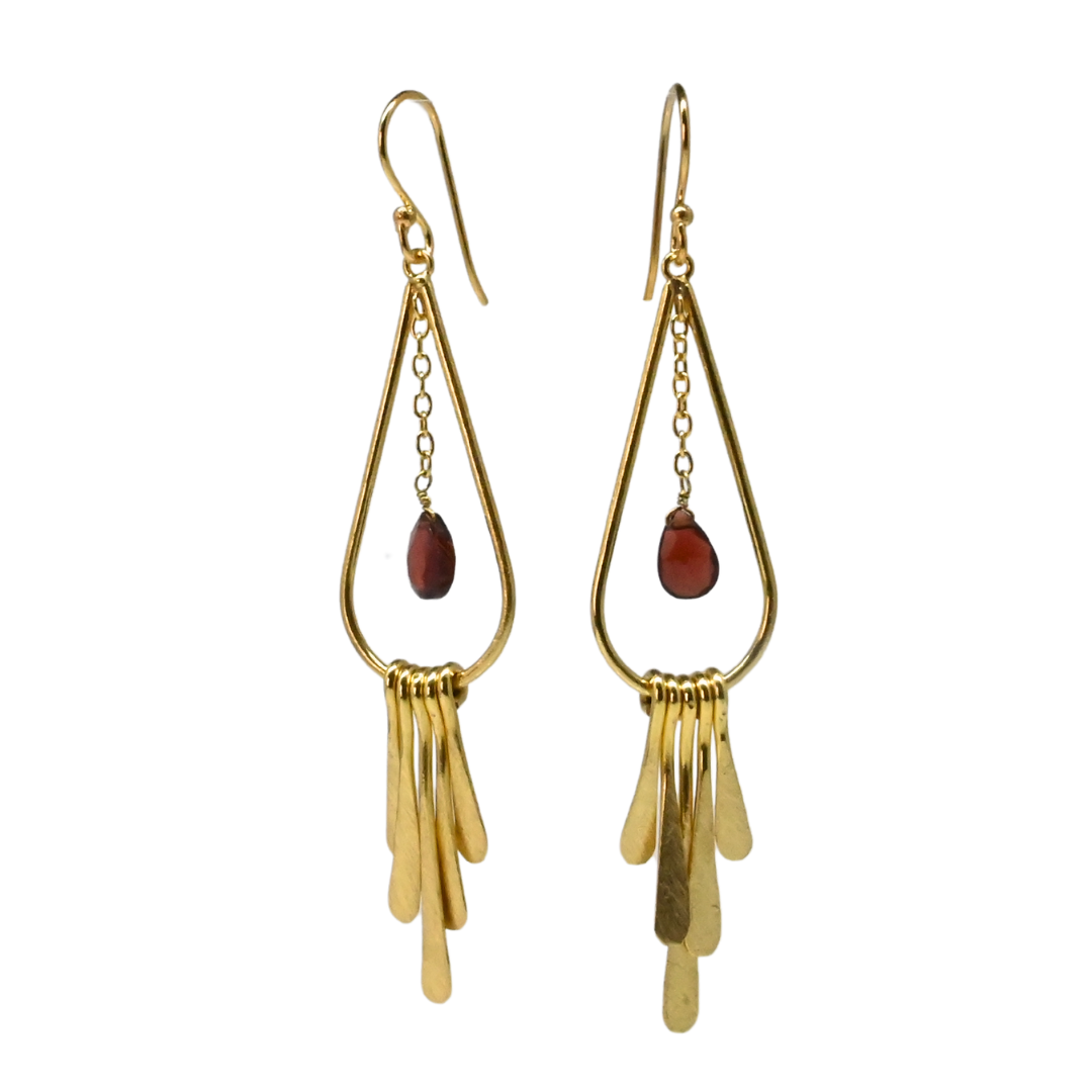 Euro Gold fringe earrings with deep red gem drops on fine chains