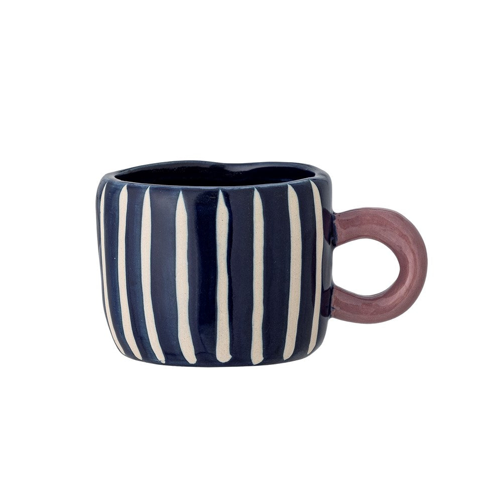 Navy stoneware cup painted with fine cream vertical stripes, with a round mauve handle