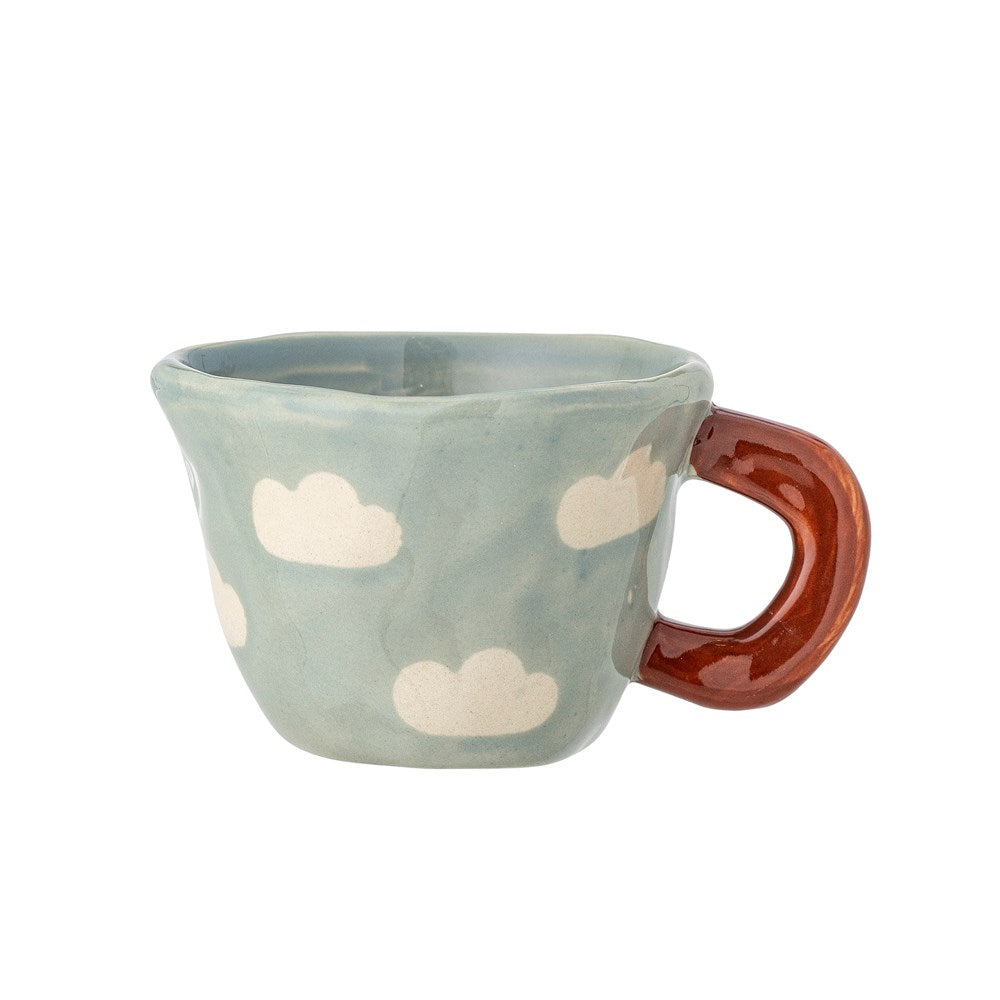 Soft blue-green stoneware cup painted with white clouds, with a rust red handle