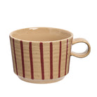 Archive mug in Sway — sand stoneware with hand-brushed berry-red vertical stripes, white background