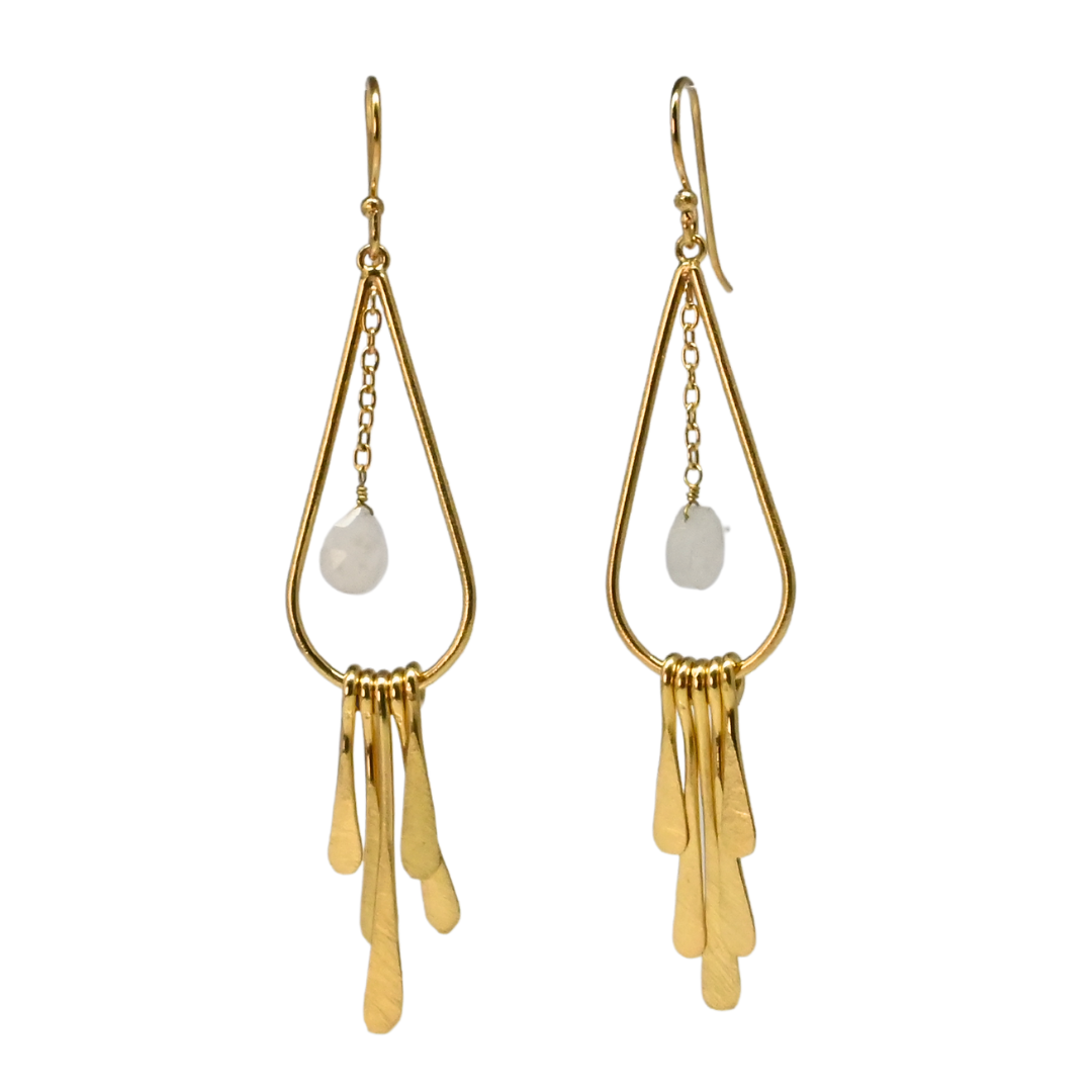 Euro Gold fringe earrings with white gem drops, front view