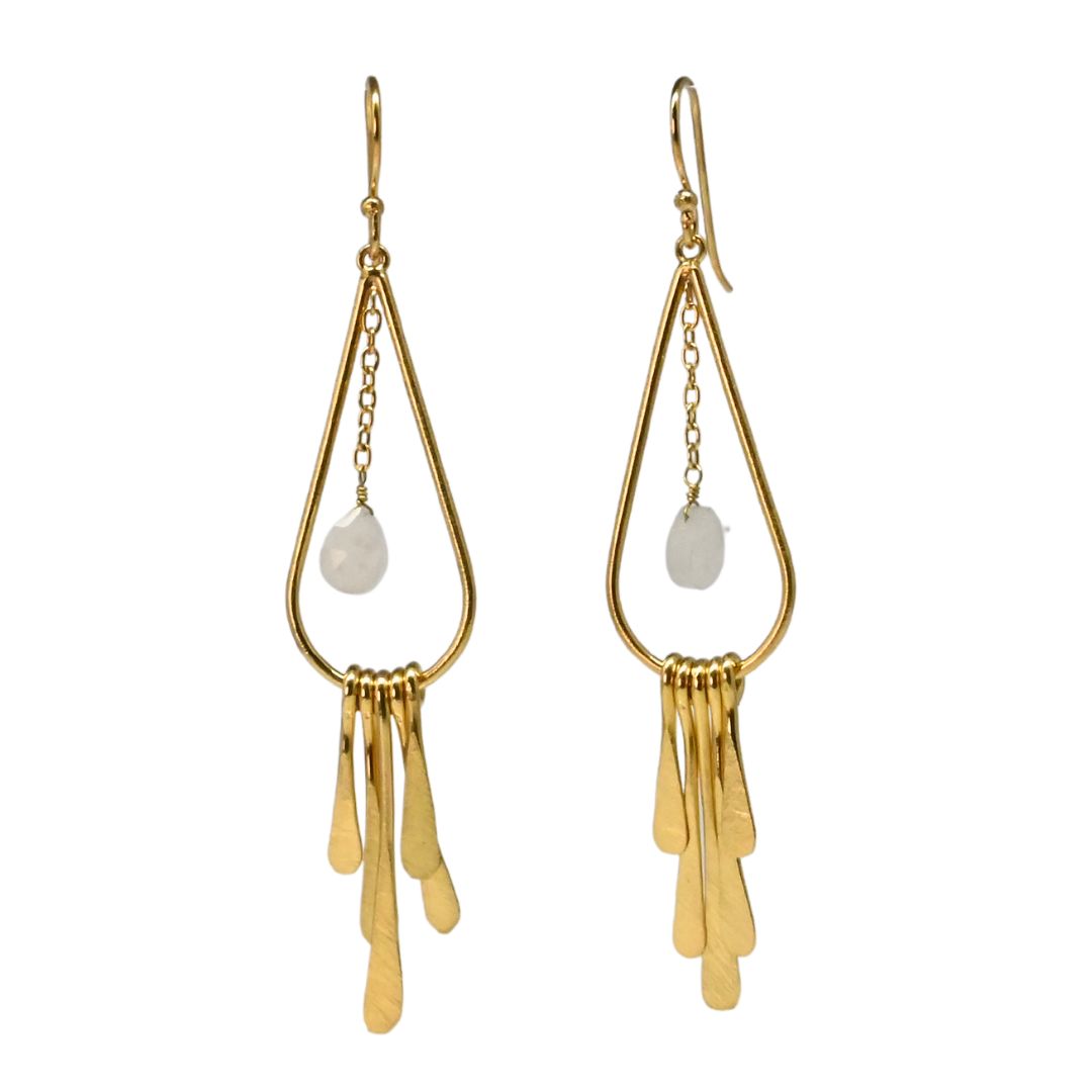 Euro Gold teardrop fringe earrings with milky moonstone gem drops