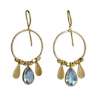 Fine gold hoop earrings with a faceted pale sky-blue topaz teardrop between two gold petals