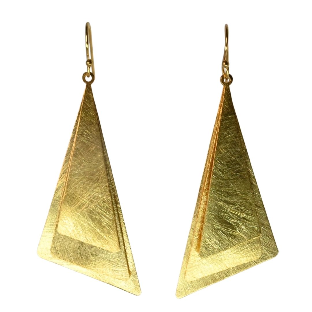 Brushed Euro Gold layered triangle swing earrings on hooks