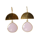 Brushed gold half-moon earrings with large faceted pale pink rose quartz drops