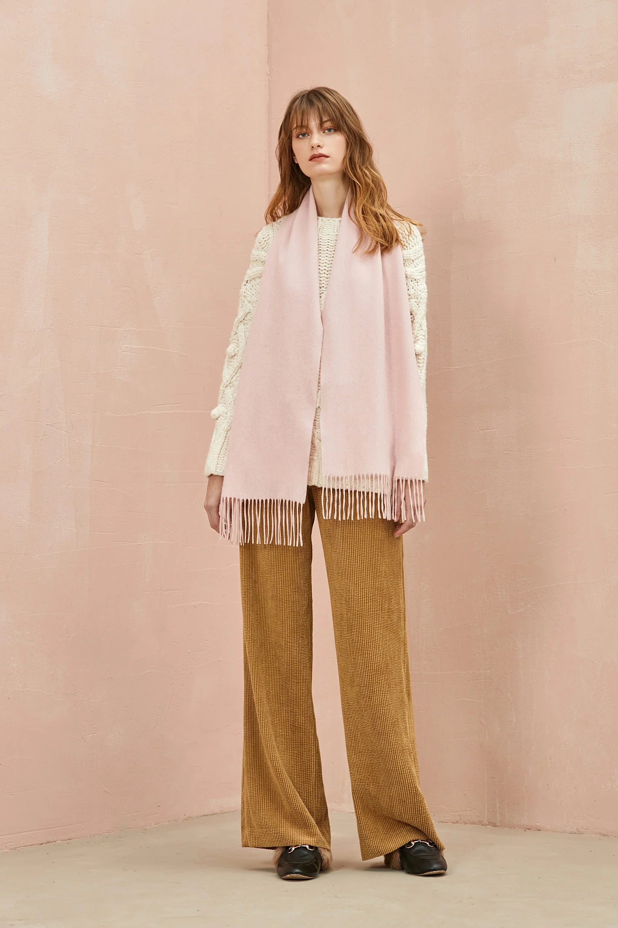 Dahlia pink scarf draped open over the shoulders, full length