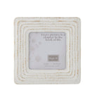 Square white photo frame with layered stepped mouldings and gently distressed edges, holding a printed insert card.