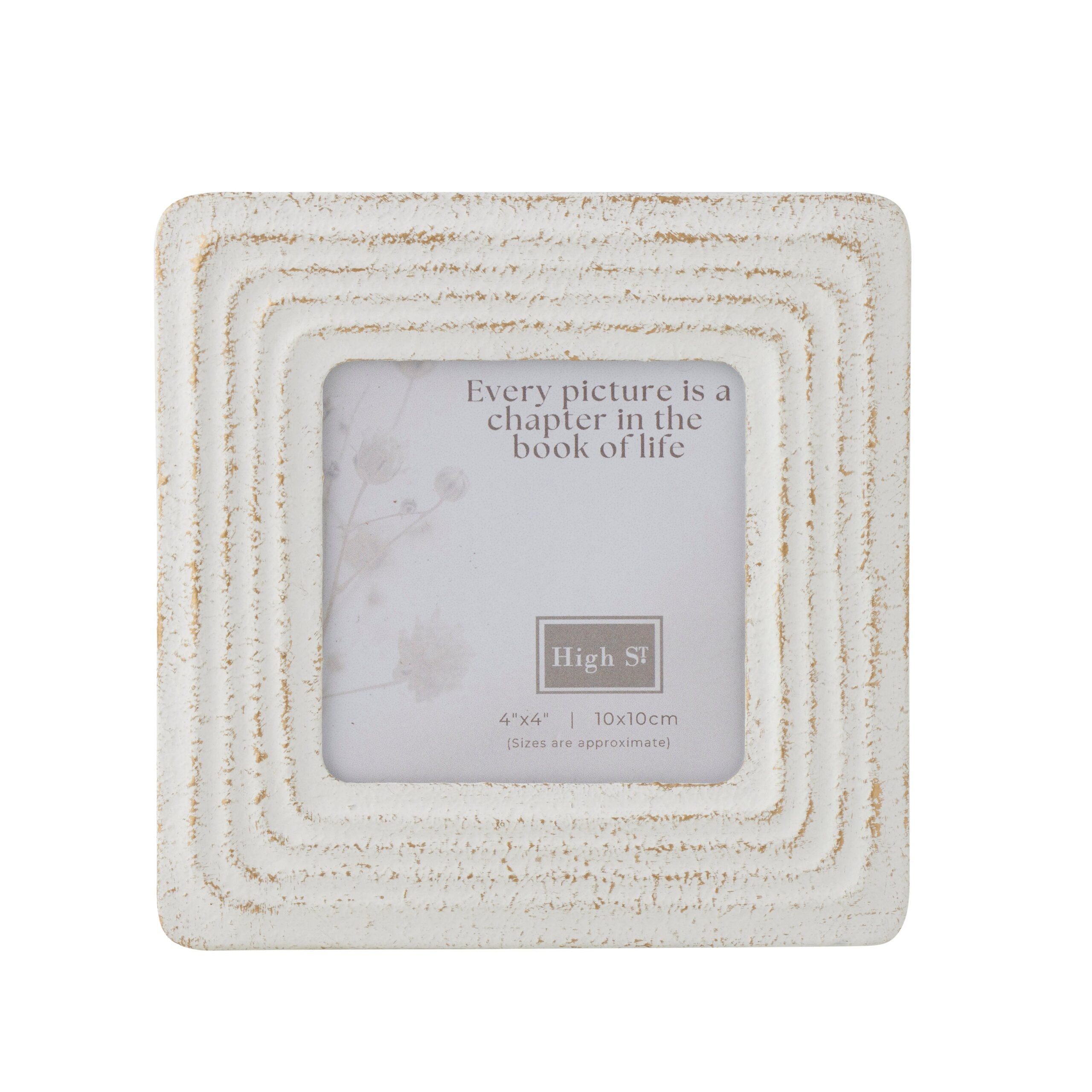 Square white photo frame with layered stepped mouldings and gently distressed edges, holding a printed insert card.