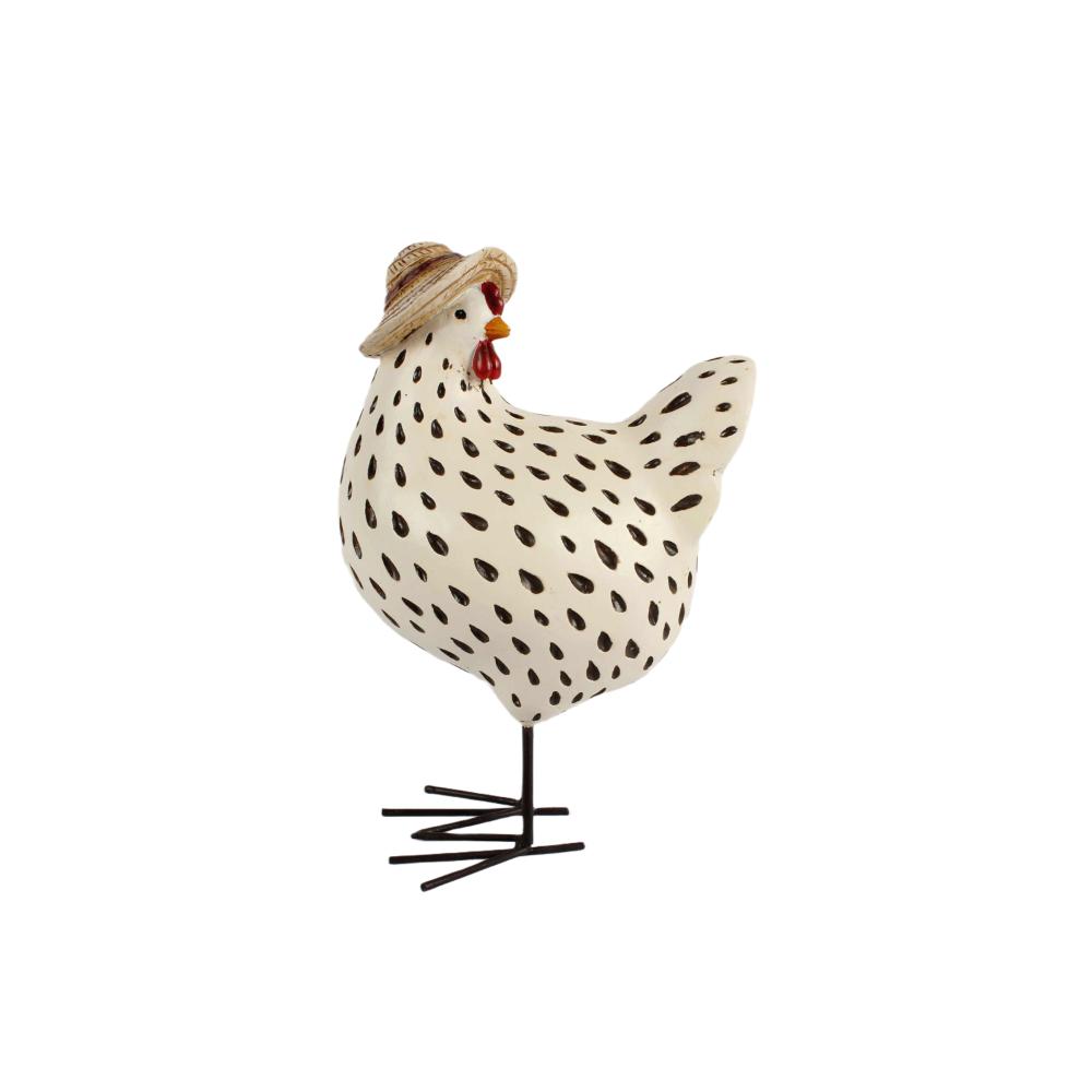 Cream hen figurine speckled all over with black, wearing a small straw hat and standing on thin black wire legs.