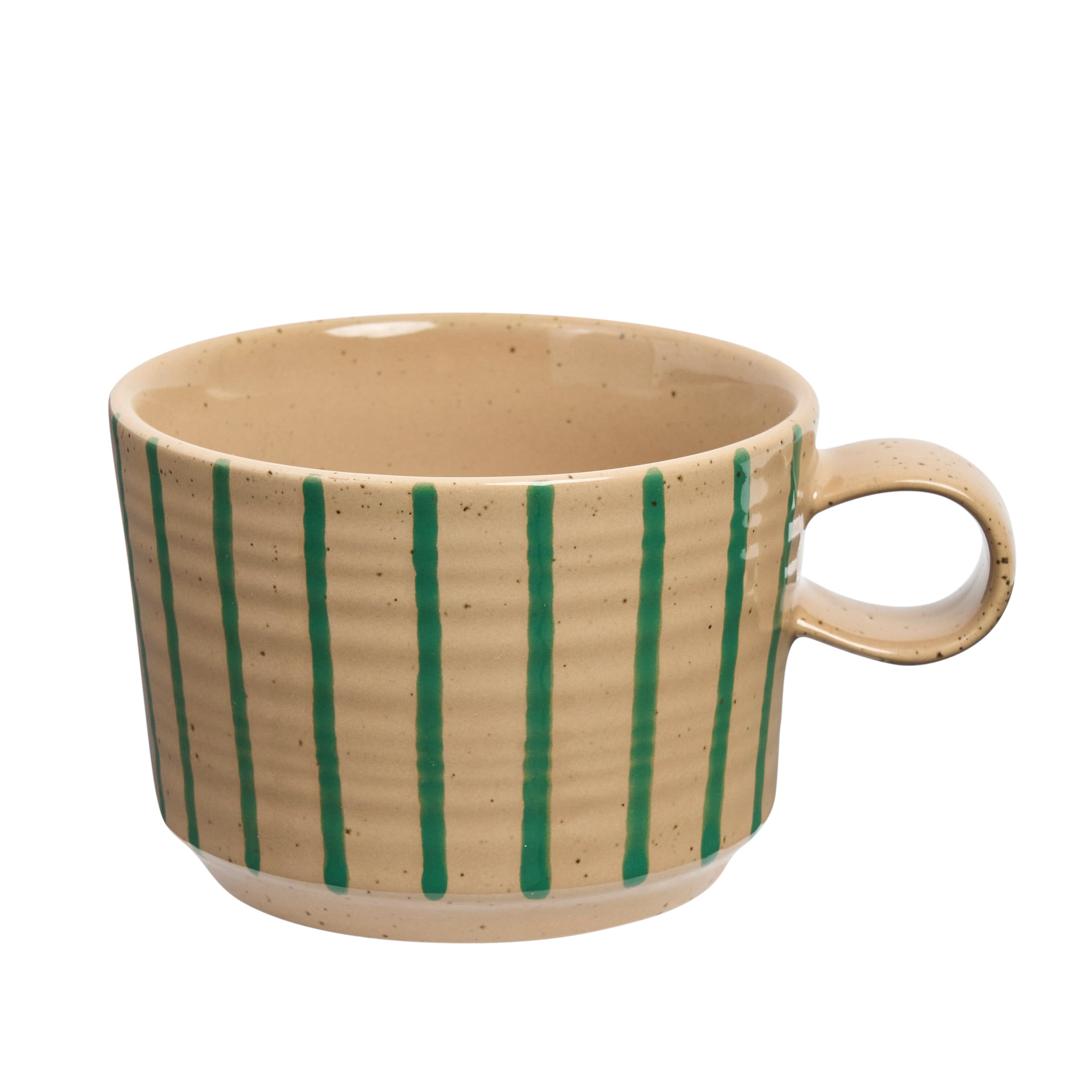 Archive mug in Olive — sand stoneware with hand-brushed green vertical stripes, white background